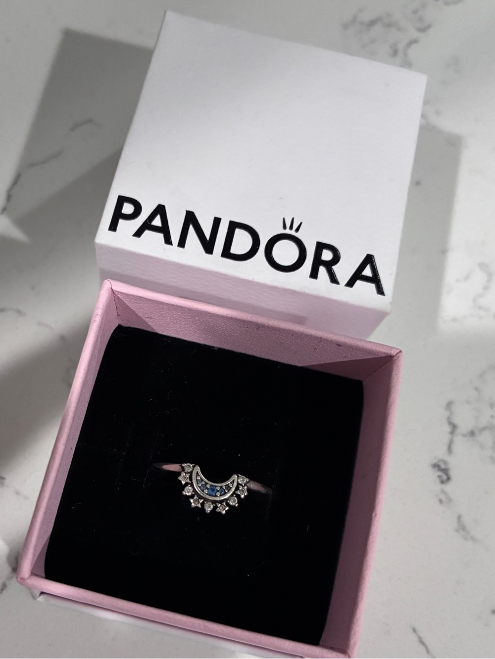 Pandora Silver Crescent Ring with Blue Accents